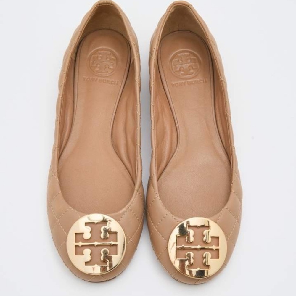 Tory Burch Tan Leather Quilted Ballet Flats